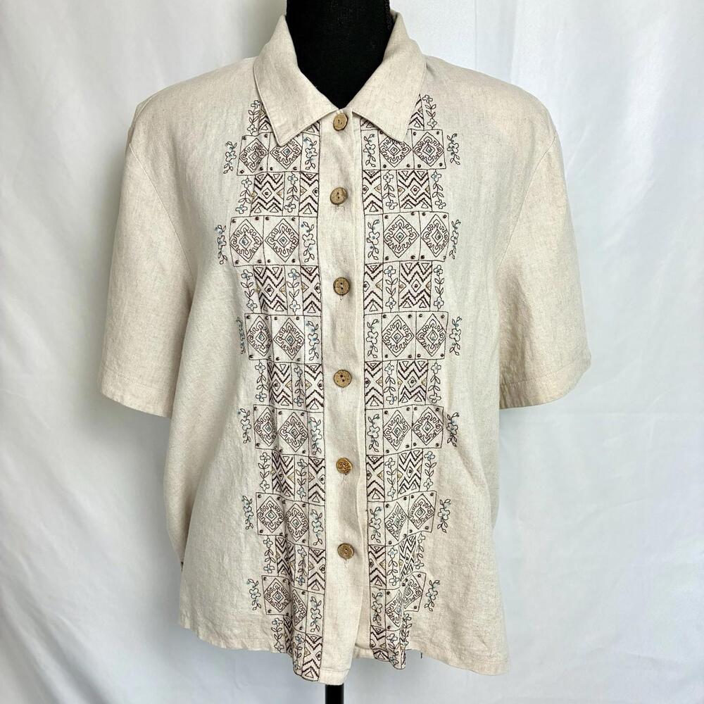 Vintage 90s Napa Valley Linen Blend Embroidered Shirt XL Women’s Shoulder Pads